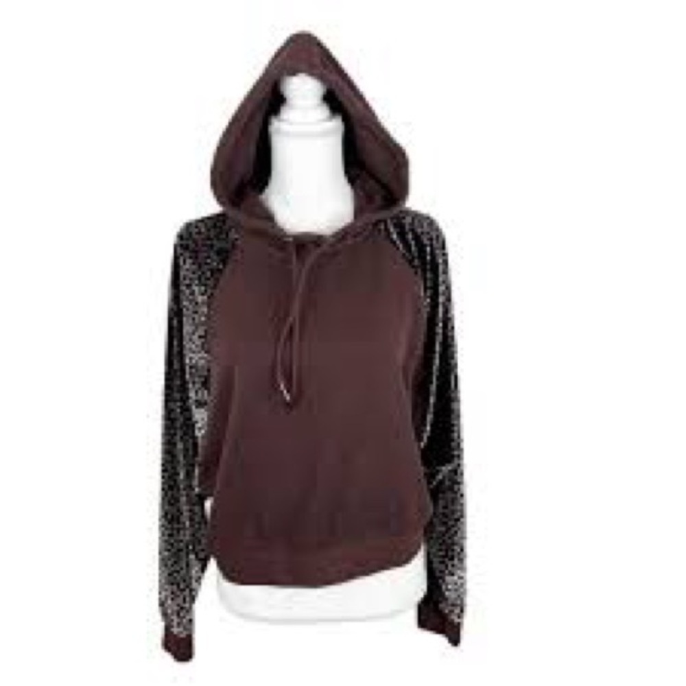 Victoria Sport Brown Hoodie – Leopard Velvet Sleeve Detail – Size Large